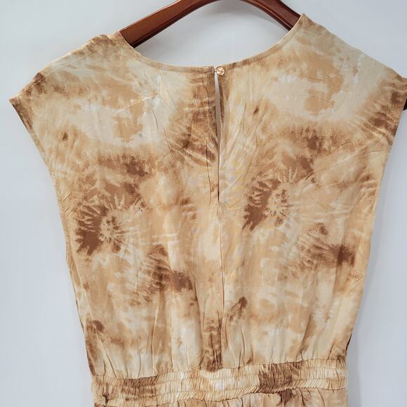 Japna Womens Joggger Jumpsuit M Brown Tie Dye‎ V Neck Boho Keyhole Smocked Waist - Picture 3 of 14